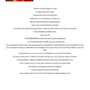 4 Week in class Beginners Sewing Lessons  Afterpay Purchase Option