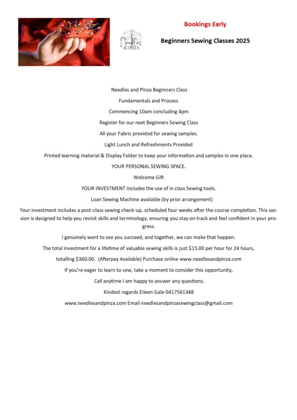 4 Week in class Beginners Sewing Lessons  Afterpay Purchase Option